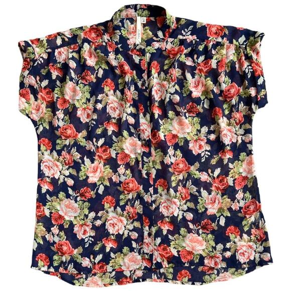 BELLATRIX Navy Floral Semi Sheer Shortsleeve Top, Medium - Picture 1 of 6